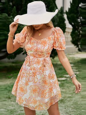 Square Neck Crinkle Floral Print Mini Dress High Waist Cover Up Summer Boho Short