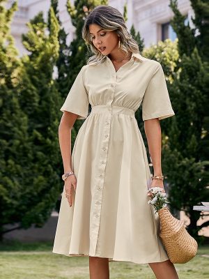 Office Buttons Hollow Out Cutout Out Short Sleeve Shirt Dress Summer Holiday High Waist Women Dresses A-Line Elastic Maxi Vestidos