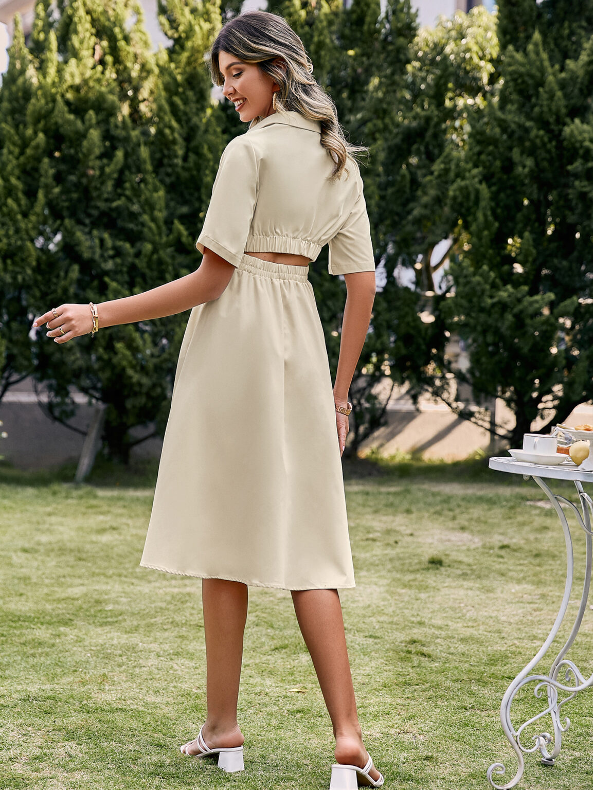 Office Buttons Hollow Out Cutout Out Short Sleeve Shirt Dress Summer Holiday High Waist Women Dresses A-Line Elastic Maxi Vestidos - Image 2