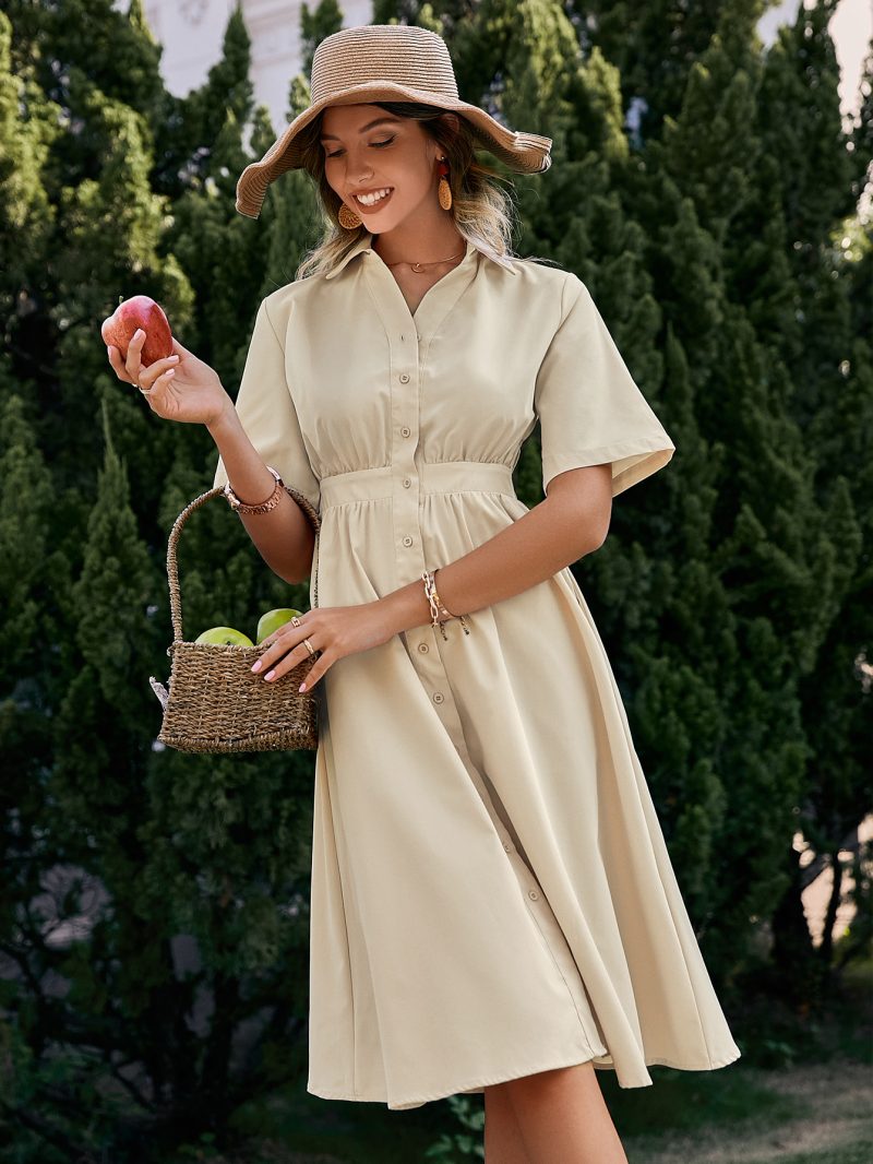 Office Buttons Hollow Out Cutout Out Short Sleeve Shirt Dress Summer Holiday High Waist Women Dresses A-Line Elastic Maxi Vestidos - Image 3
