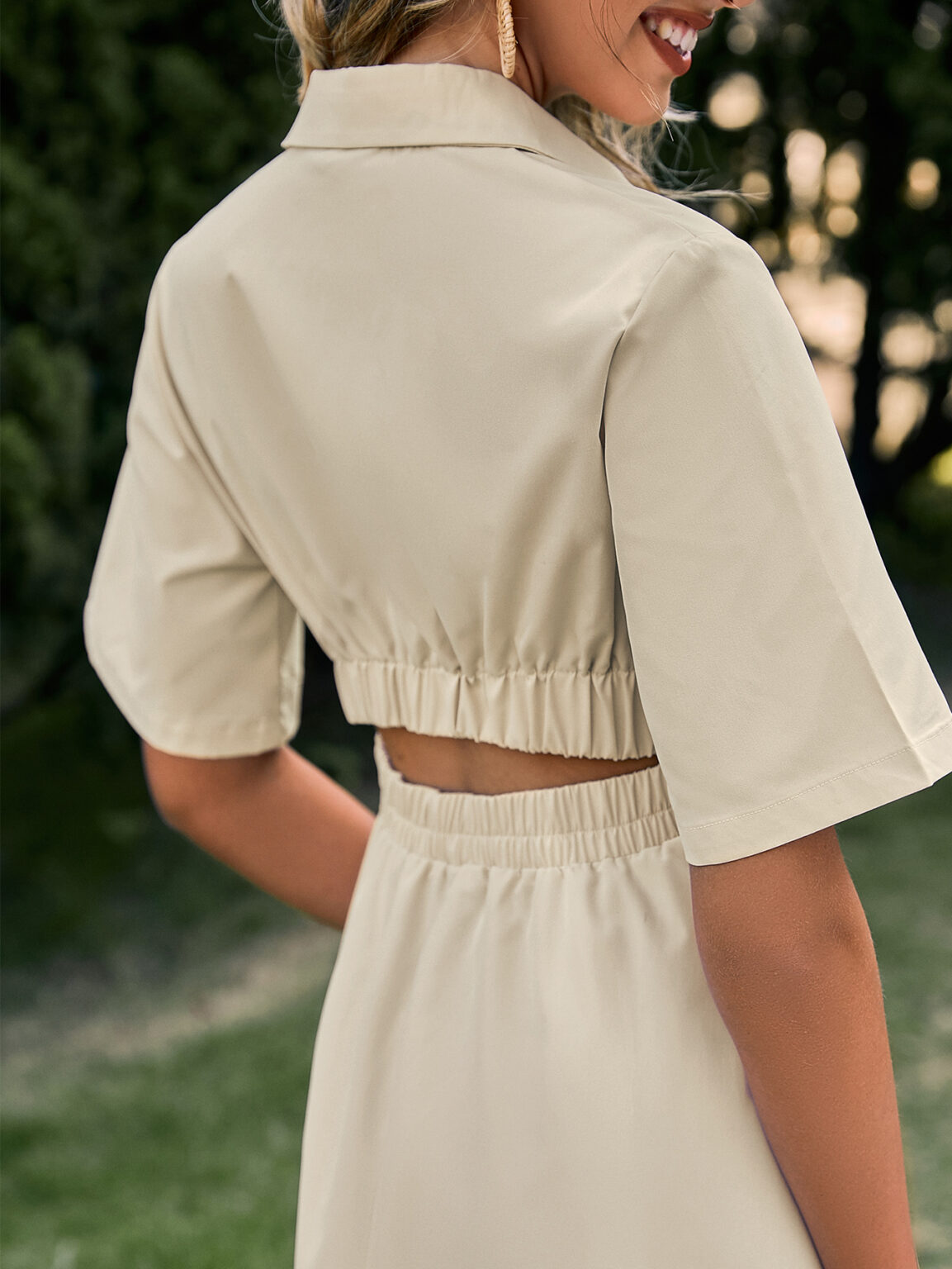 Office Buttons Hollow Out Cutout Out Short Sleeve Shirt Dress Summer Holiday High Waist Women Dresses A-Line Elastic Maxi Vestidos - Image 5