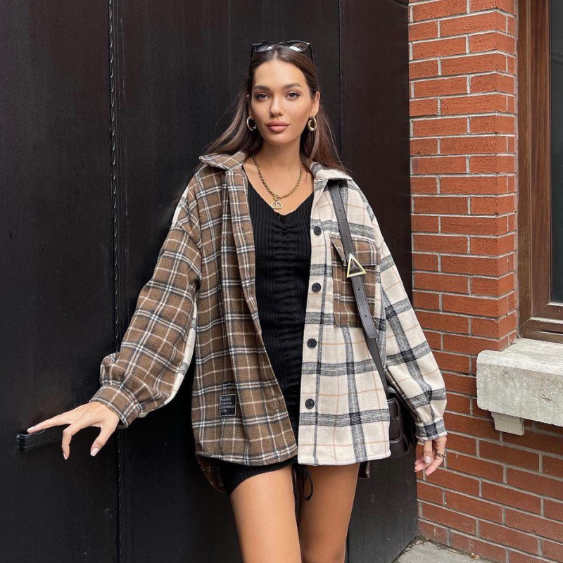 Fall Women Clothing Retro Loose Casual Contrast Color Brushed Plaid Collared Long Sleeve Shirt - Image 2