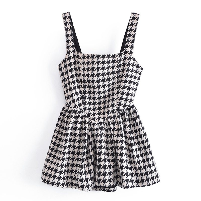 Spring Autumn Classic High Waist A- line Bubble Dress Short French Retro Houndstooth Nipped-Waist Suspender Dresses - Image 6