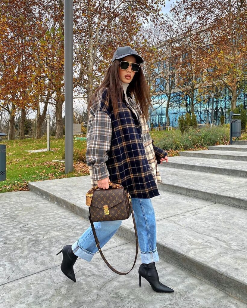 Women Clothing Retro Polo Collar Long Sleeve Color-Contrast Check Loose Casual Shirt - Image 4