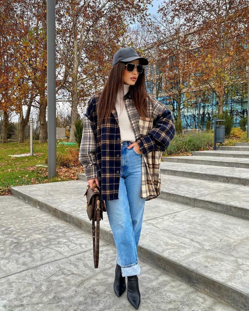 Women Clothing Retro Polo Collar Long Sleeve Color-Contrast Check Loose Casual Shirt - Image 3