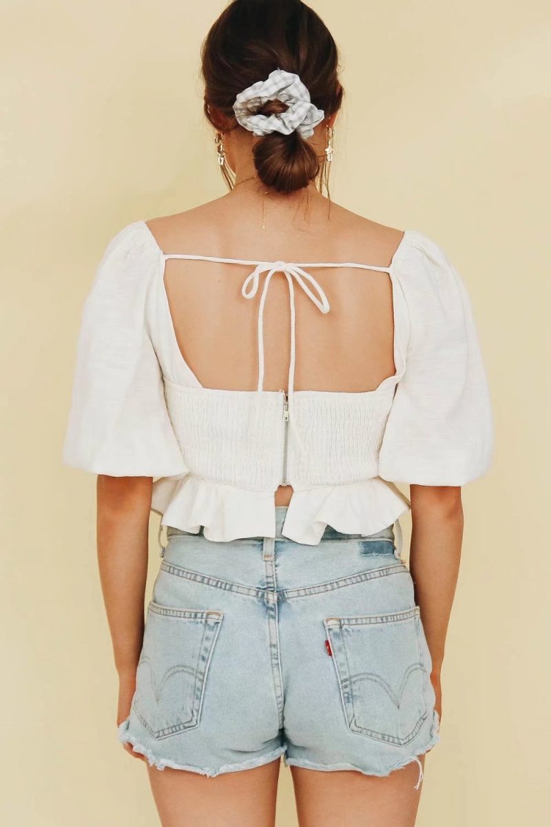 Spring Summer Square Collar Front Chest Knotted Short Top Puff Sleeve Hem Ruffled Cropped Shirt - Image 3