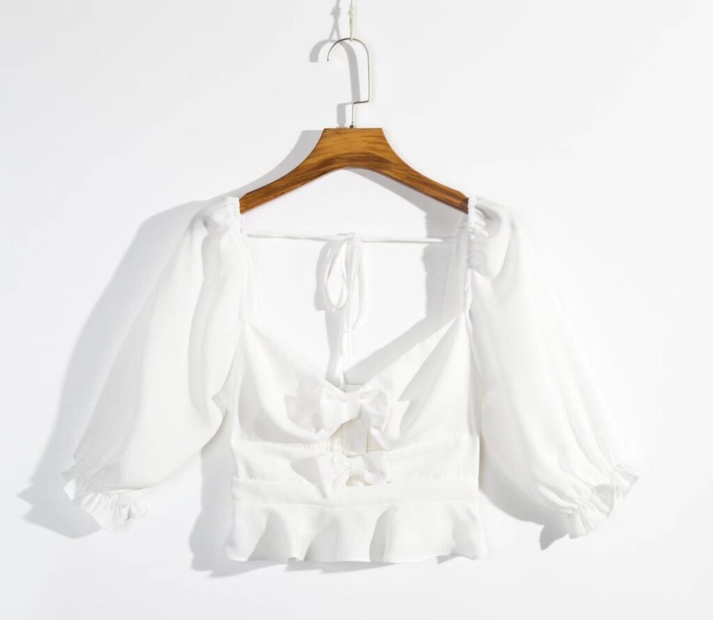 Spring Summer Square Collar Front Chest Knotted Short Top Puff Sleeve Hem Ruffled Cropped Shirt - Image 6