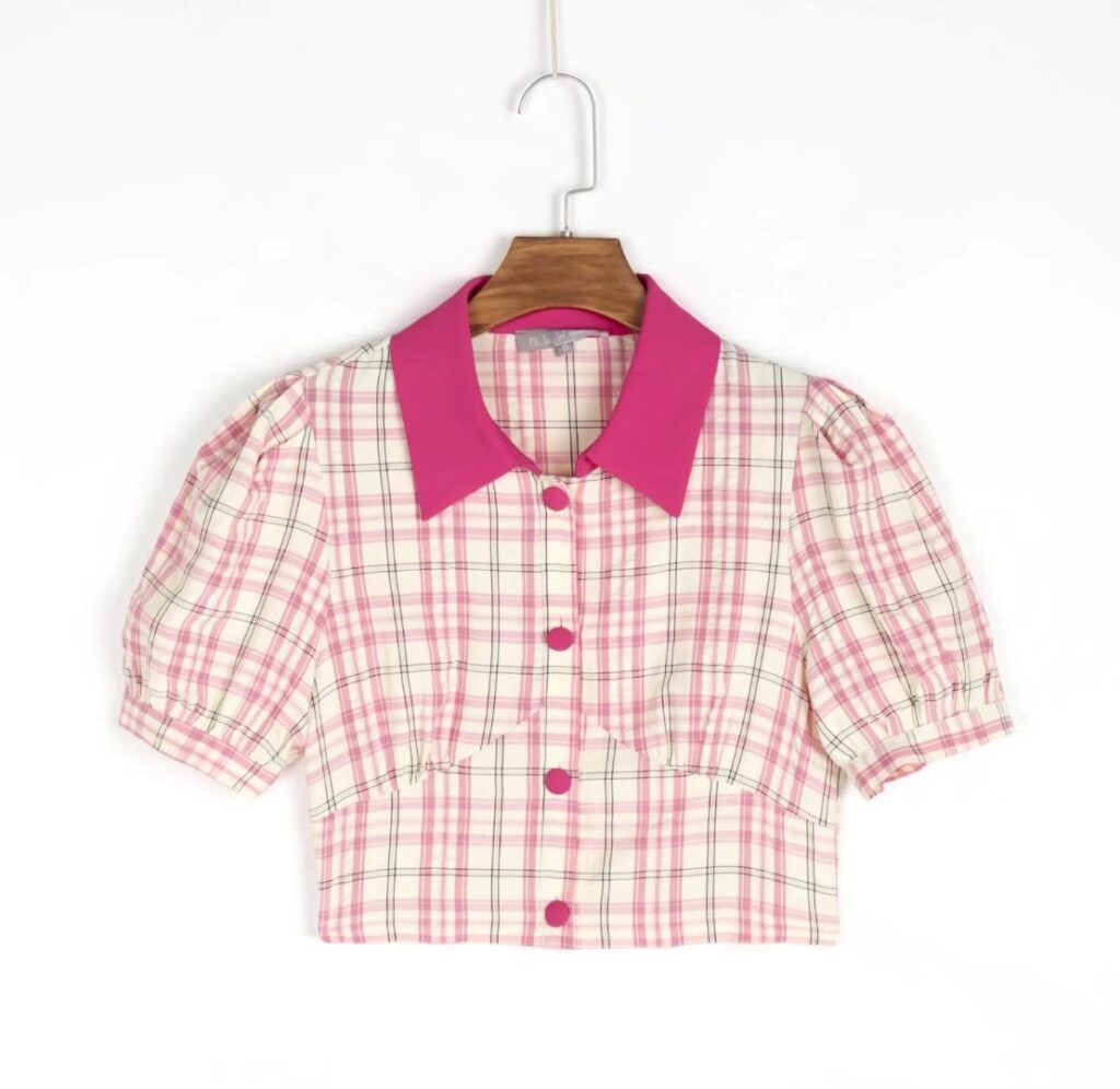 Retro Short Sleeve Plaid Shirt New cropped Puff Sleeve Cardigan Top Women - Image 5