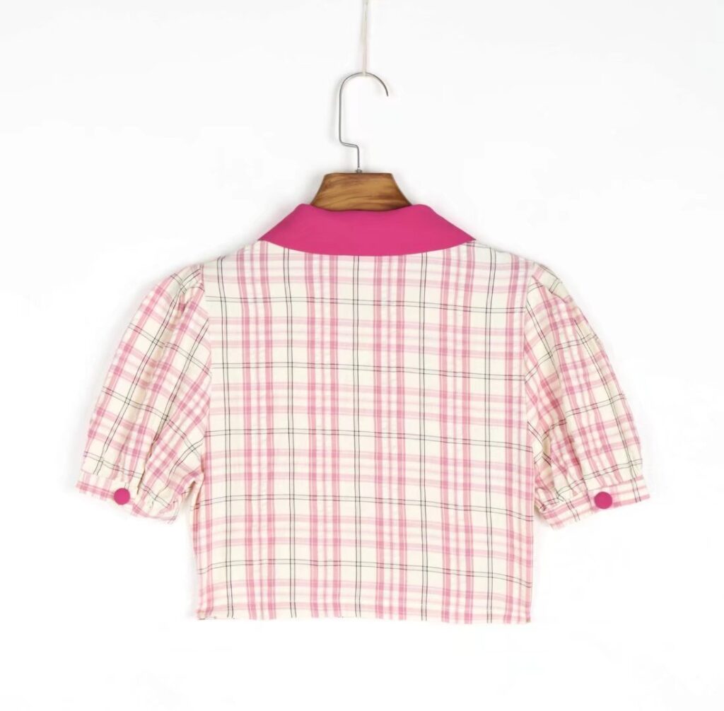 Retro Short Sleeve Plaid Shirt New cropped Puff Sleeve Cardigan Top Women - Image 6