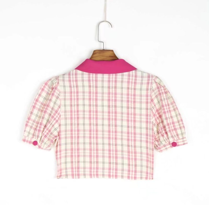 Retro Short Sleeve Plaid Shirt New cropped Puff Sleeve Cardigan Top Women - Image 6