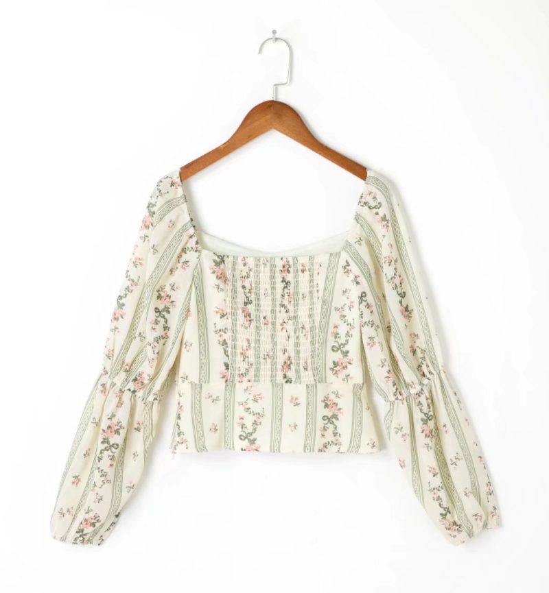 Striped Long Sleeve Square-Neck Top Printed Striped Regular Sleeve Shirt Women - Image 6