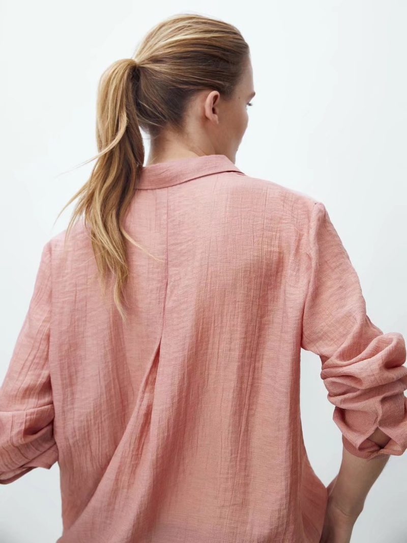 Spring Ladies Texture Solid Color Polo Collar Single-Breasted Drape Double Pocket Long Sleeve Shirt - Image 3
