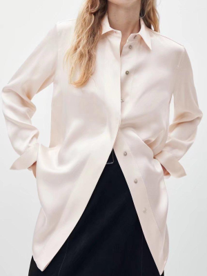 Spring Draping Long-Sleeved Shirt Apricot Women Polo Collar Solid Color Basic Satin Shirt