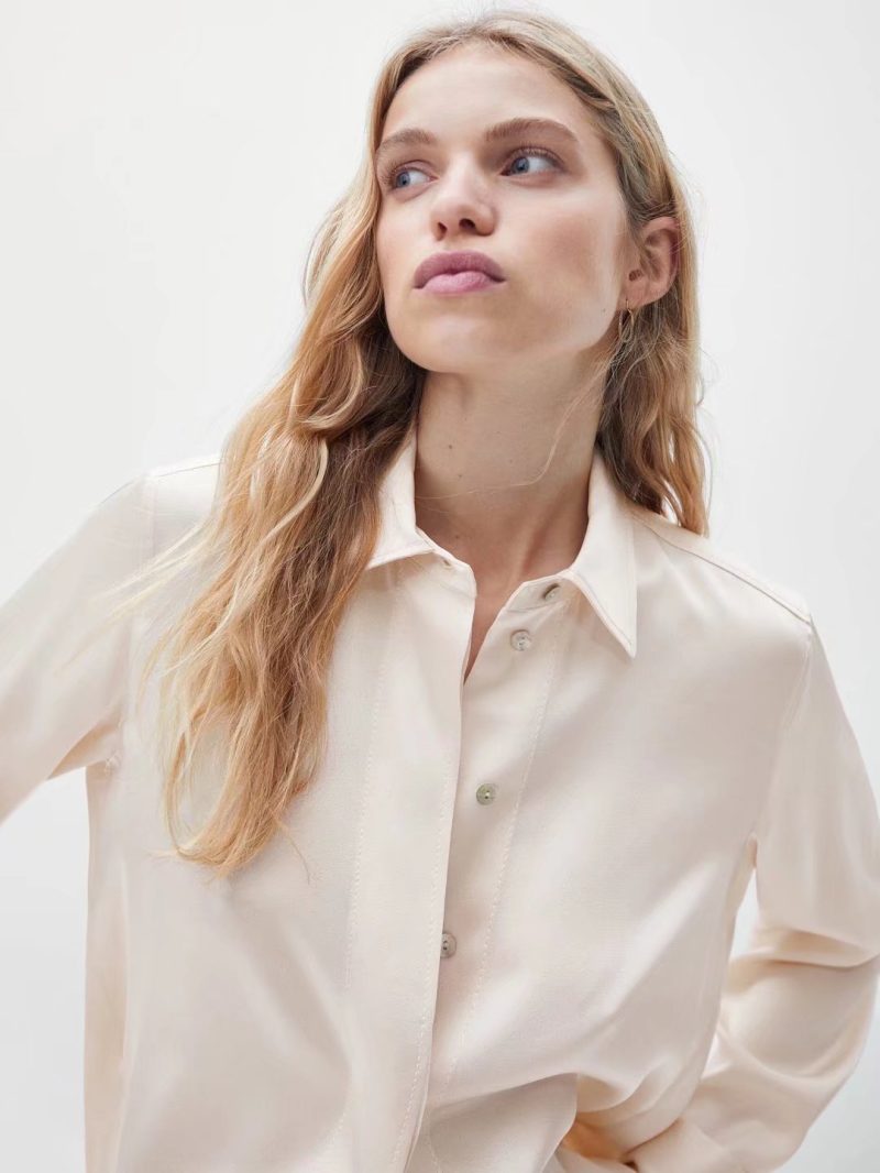 Spring Draping Long-Sleeved Shirt Apricot Women Polo Collar Solid Color Basic Satin Shirt - Image 2