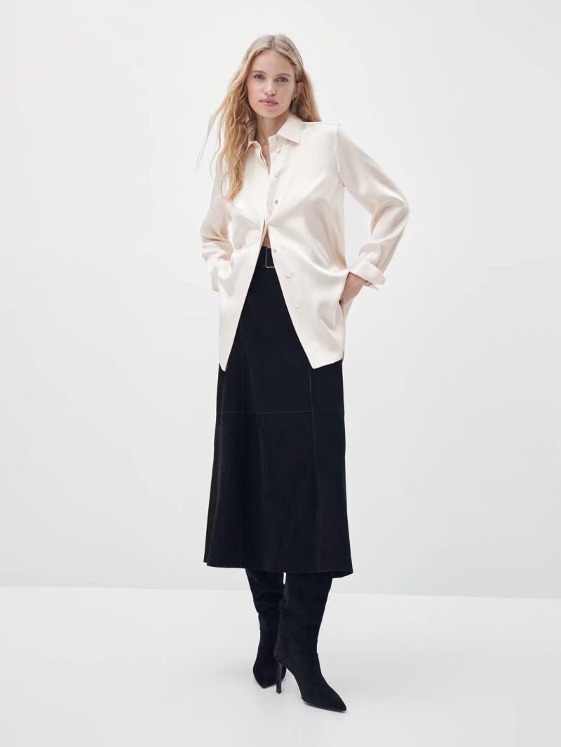 Spring Draping Long-Sleeved Shirt Apricot Women Polo Collar Solid Color Basic Satin Shirt - Image 3