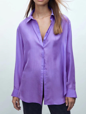 Women Light Purple Collared Basic Solid Color Satin Drape Autumn Long Sleeve Shirt