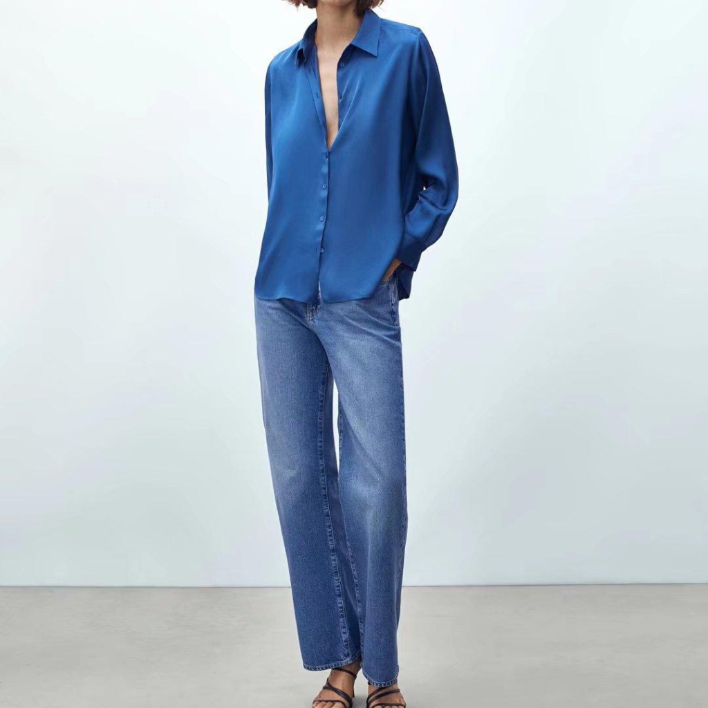 Two-Color Women Satin Casual Shirt Autumn Plain Peter Pan Collar Drape Basic Shirt
