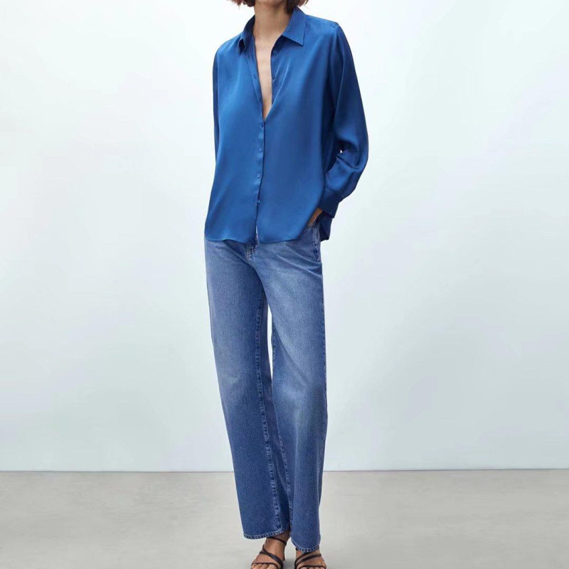 Two-Color Women Satin Casual Shirt Autumn Plain Peter Pan Collar Drape Basic Shirt