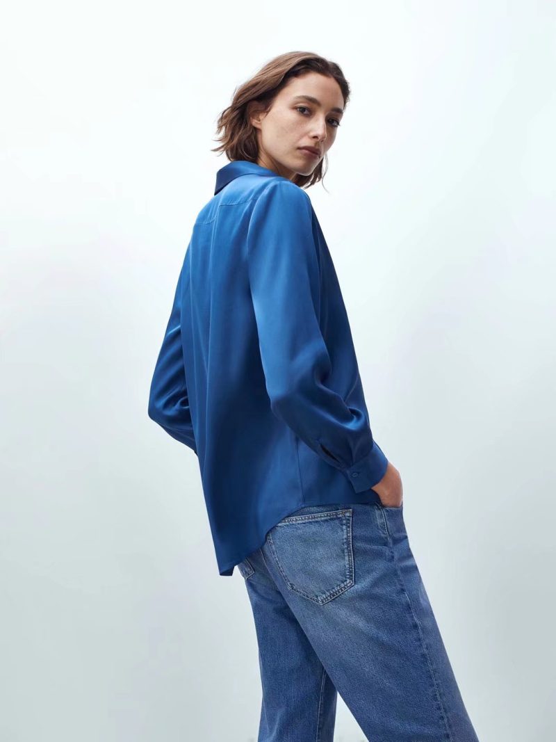 Two-Color Women Satin Casual Shirt Autumn Plain Peter Pan Collar Drape Basic Shirt - Image 2