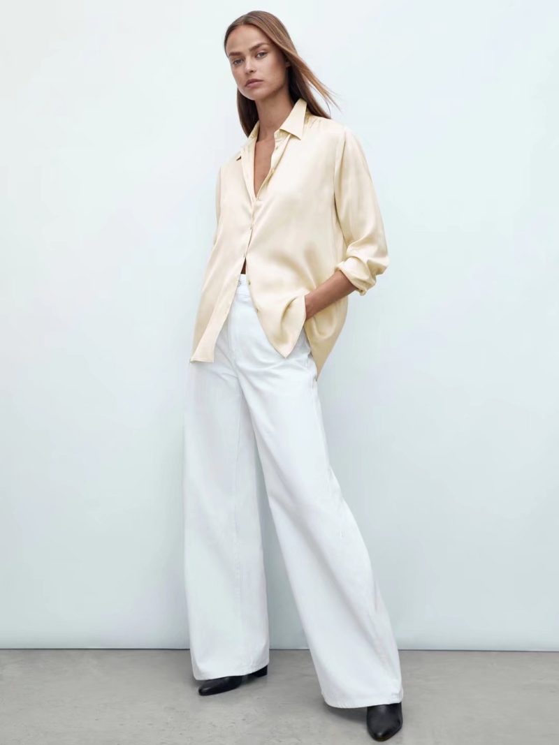Two-Color Women Satin Casual Shirt Autumn Plain Peter Pan Collar Drape Basic Shirt - Image 3