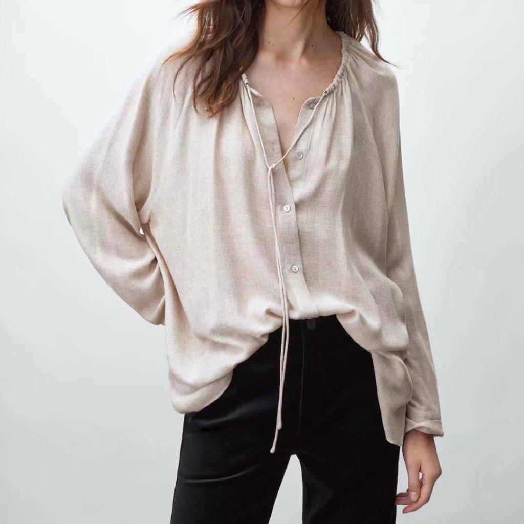 Autumn Crew Neck Women Plain Long Sleeve New Pleated Collar Casual Top Shirt