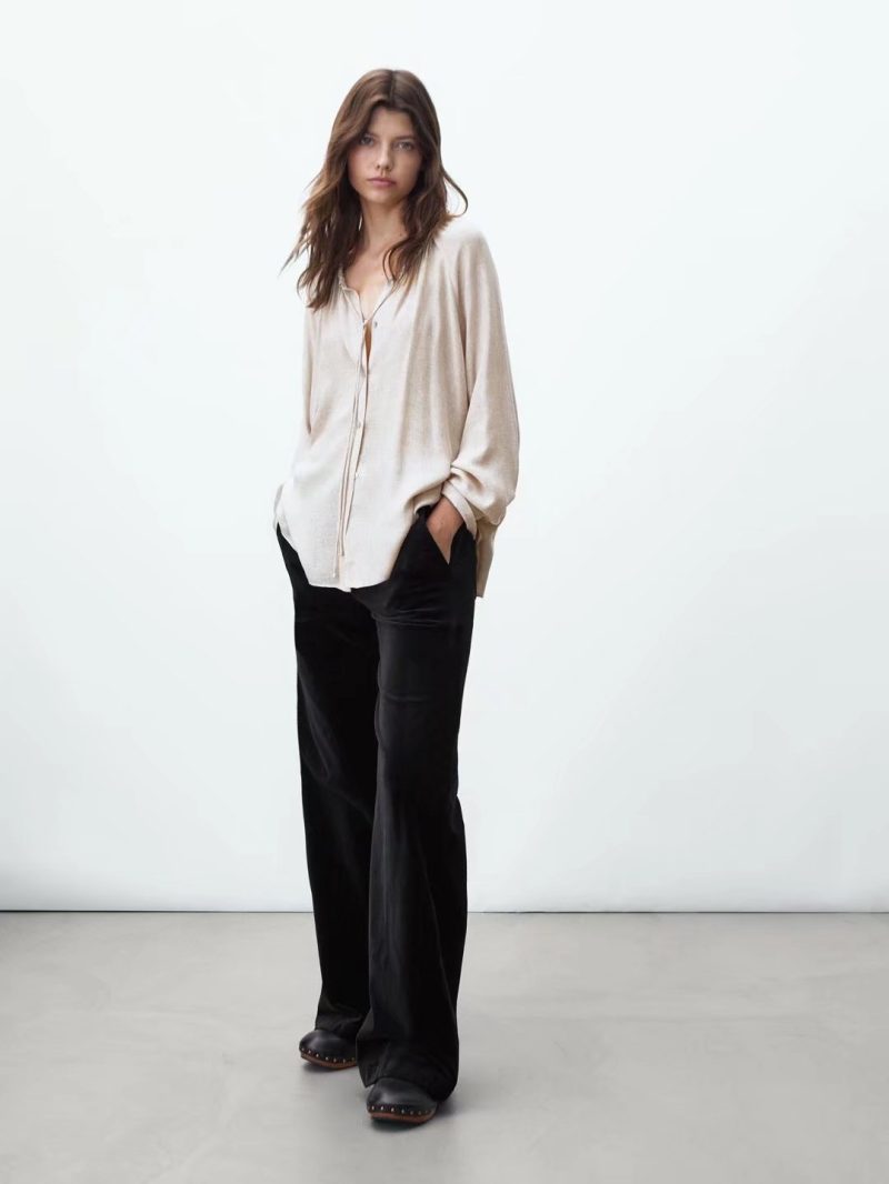 Autumn Crew Neck Women Plain Long Sleeve New Pleated Collar Casual Top Shirt - Image 2