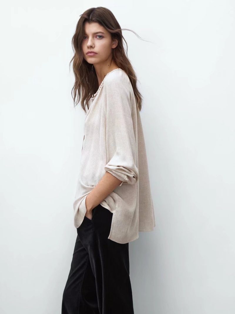 Autumn Crew Neck Women Plain Long Sleeve New Pleated Collar Casual Top Shirt - Image 3