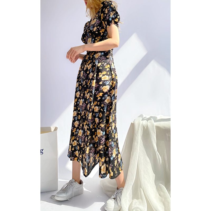 Autumn New Fashion Small Floral Tie-Neck Waist Trimming below the Knees Kikyou Dress Women - Image 2