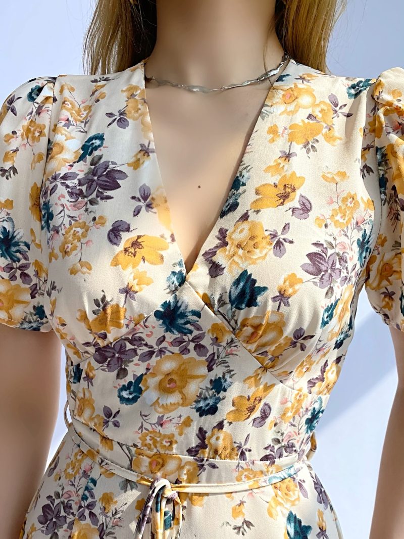 Autumn New Fashion Small Floral Tie-Neck Waist Trimming below the Knees Kikyou Dress Women - Image 4