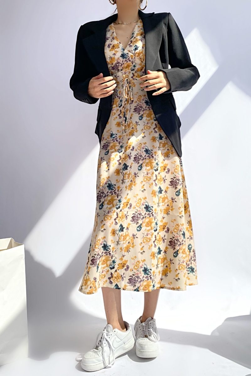 Autumn New Fashion Small Floral Tie-Neck Waist Trimming below the Knees Kikyou Dress Women - Image 5