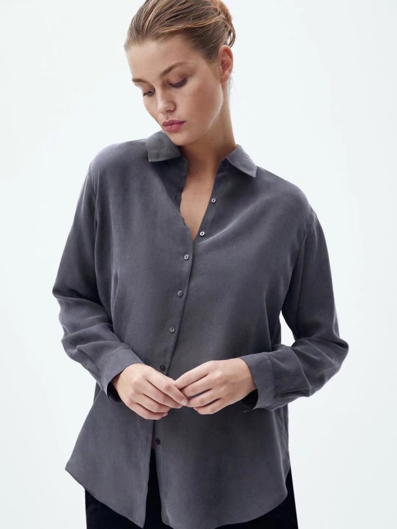 Autumn Women Plain Clean Draping Peter Pan Collar Long Sleeve Copper Ammonia Fiber Casual Shirt - Image 2