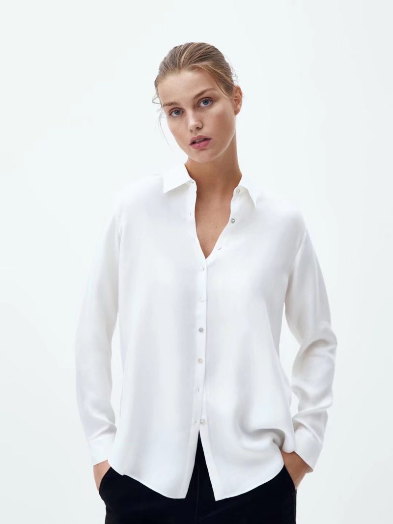 Autumn Women Plain Clean Draping Peter Pan Collar Long Sleeve Copper Ammonia Fiber Casual Shirt - Image 3