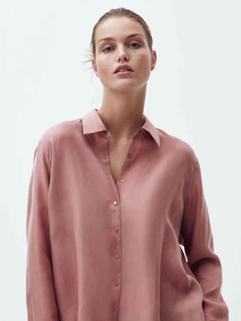 Autumn Women Plain Clean Draping Peter Pan Collar Long Sleeve Copper Ammonia Fiber Casual Shirt - Image 4