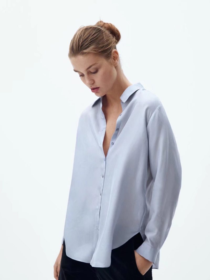 Autumn Women Plain Clean Draping Peter Pan Collar Long Sleeve Copper Ammonia Fiber Casual Shirt - Image 5