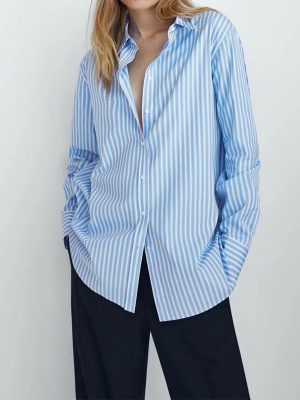 Autumn Basic Striped Poplin Blouse New Polo Collar Women Autumn Loose Drooping Striped Shirt