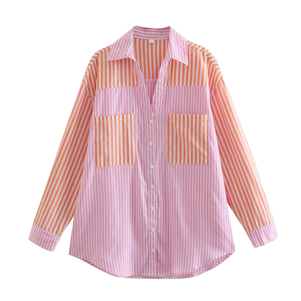 Women Clothing New French Minority Mixed Color Stripe Long Sleeve Shirt Loose Slimming - Image 6