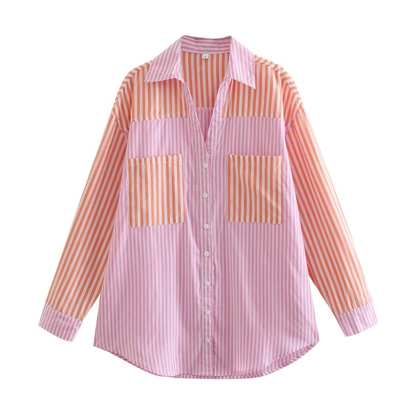 Women Clothing New French Minority Mixed Color Stripe Long Sleeve Shirt Loose Slimming - Image 6