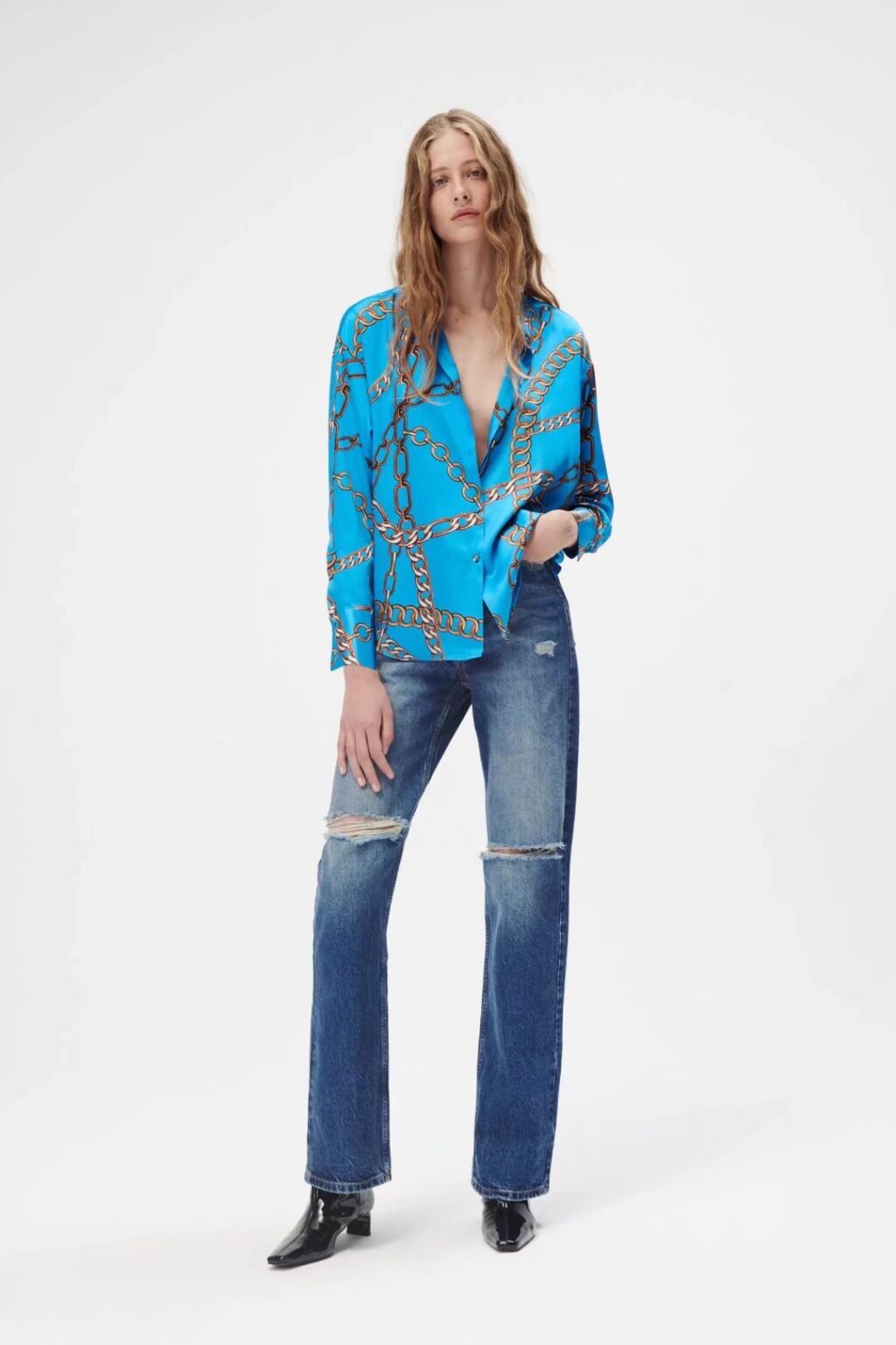 Polo Collar Fashion Fashionmonger Chain Print Cardigan Shirt Top Fashion Women Wear  New - Image 2