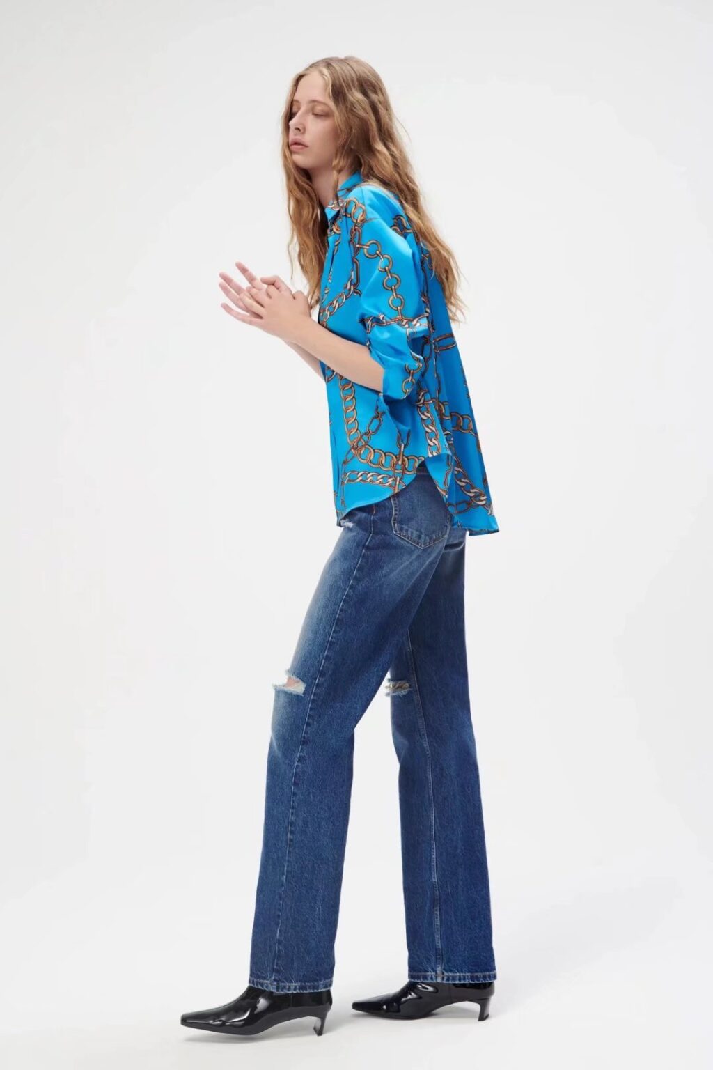 Polo Collar Fashion Fashionmonger Chain Print Cardigan Shirt Top Fashion Women Wear  New - Image 3