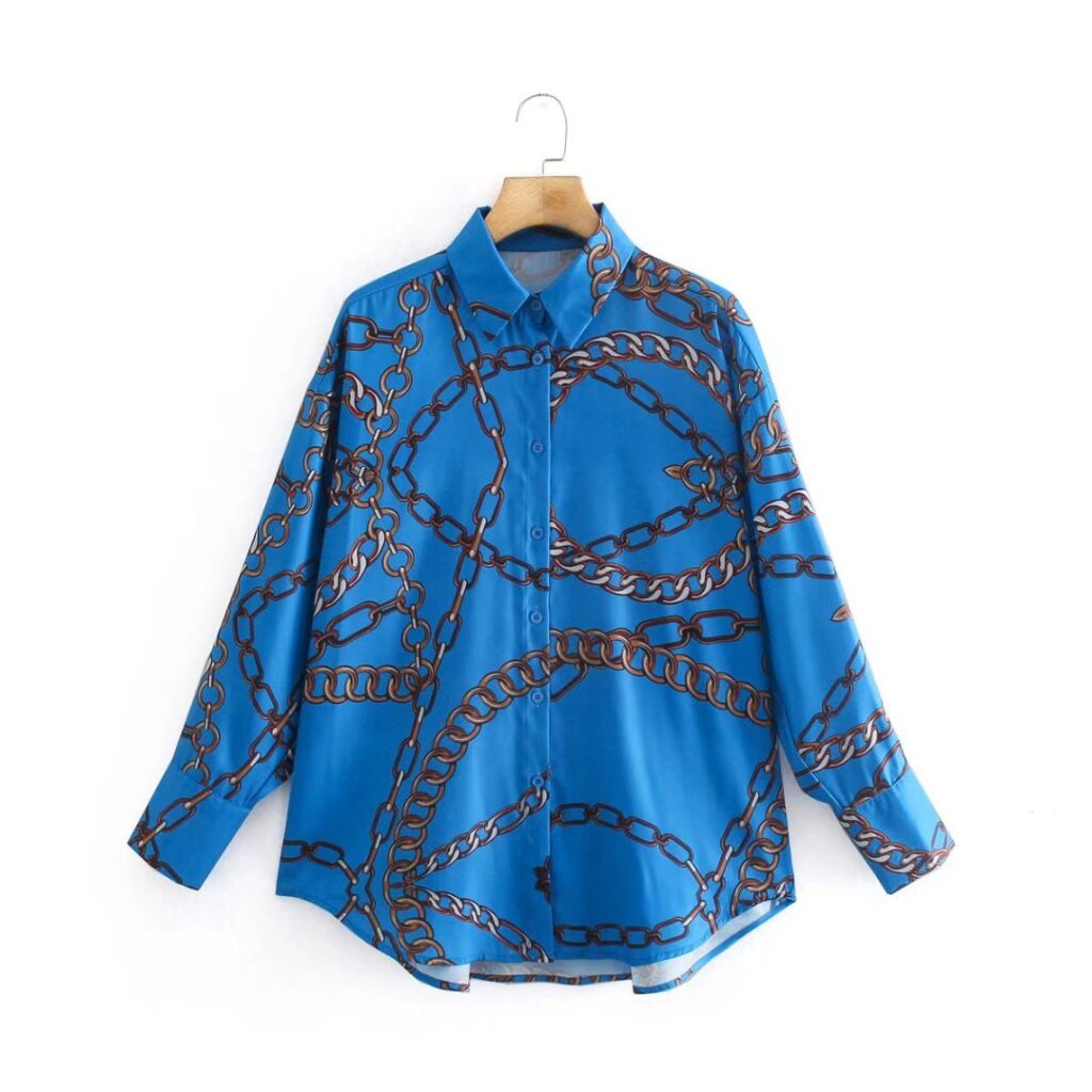 Polo Collar Fashion Fashionmonger Chain Print Cardigan Shirt Top Fashion Women Wear  New - Image 5