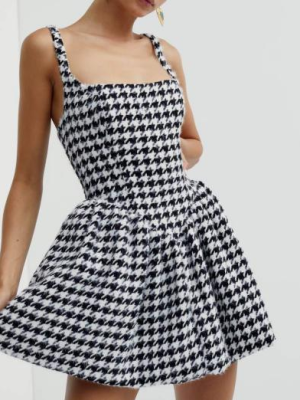 Spring Autumn Classic High Waist A- line Bubble Dress Short French Retro Houndstooth Nipped-Waist Suspender Dresses