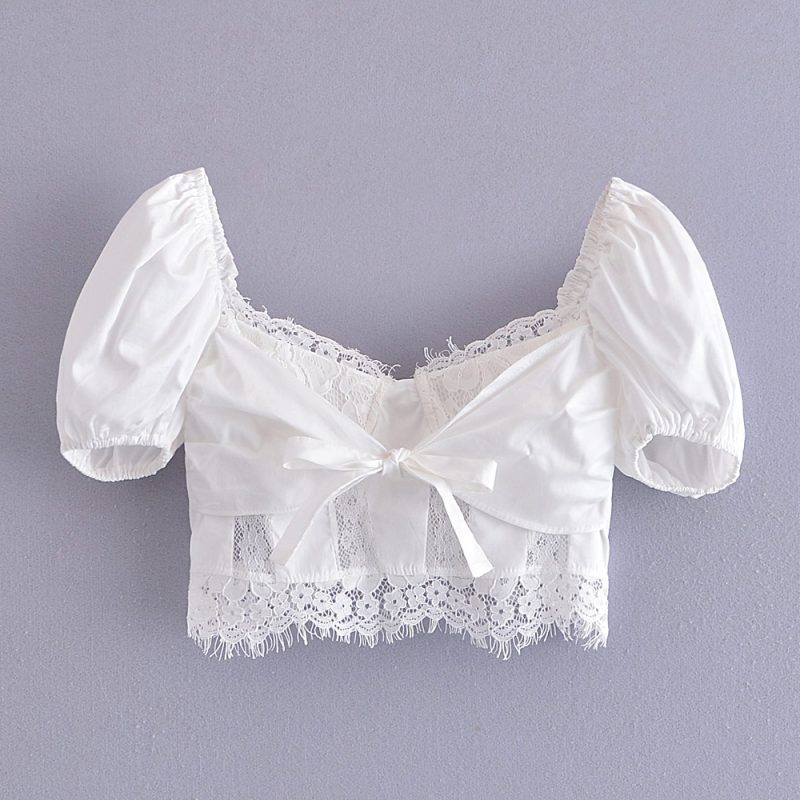 Pullover Puff Short Sleeve Square Collar Slimming Women Shirt Lace Stitching French Top - Image 5