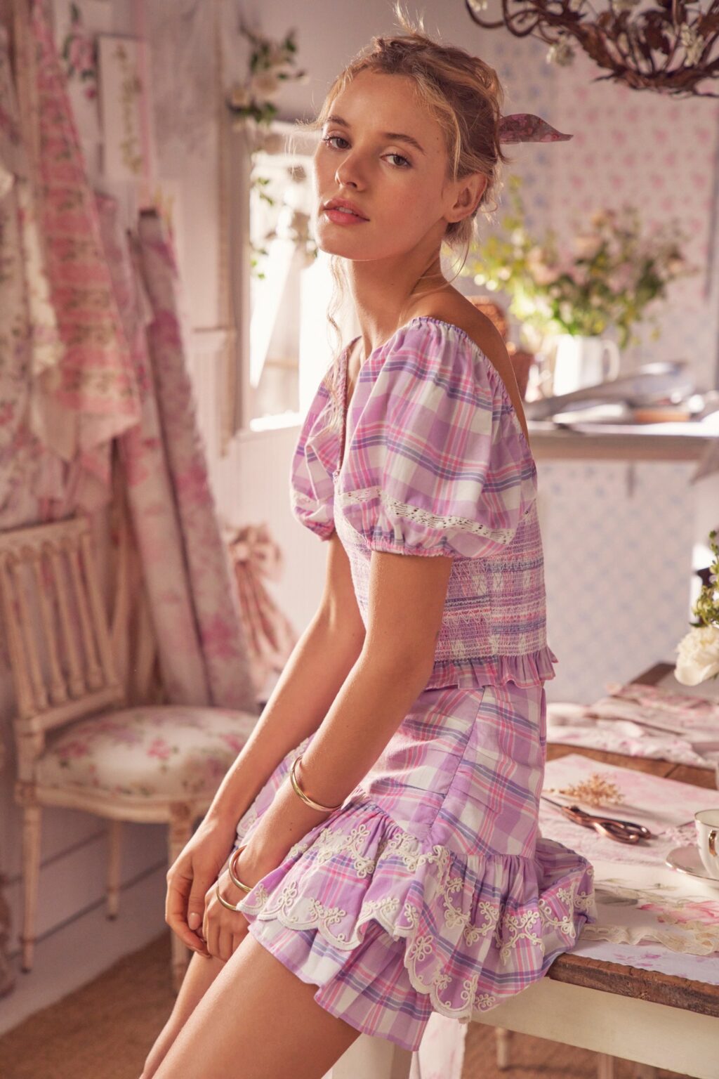 Sweet Girl Plaid Ruffled Elastic Cropped Top Niche Design Square Collar Puff Sleeve Short Small Shirt - Image 3