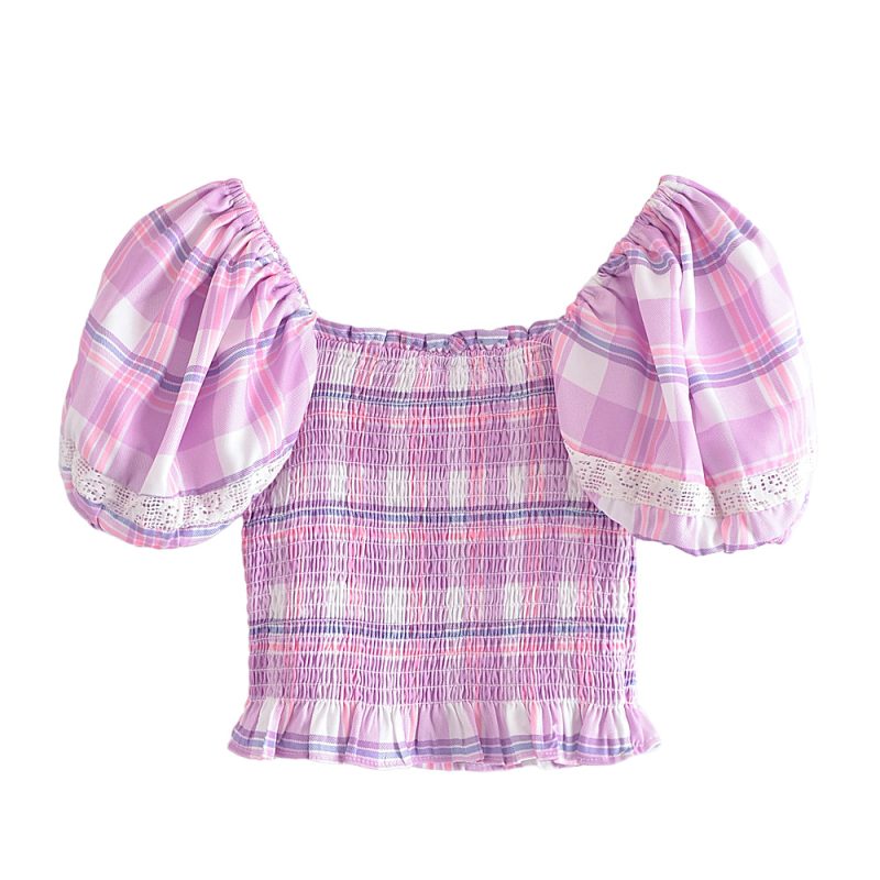 Sweet Girl Plaid Ruffled Elastic Cropped Top Niche Design Square Collar Puff Sleeve Short Small Shirt - Image 6