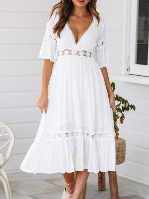 Deep V Plunge Plunge Lace Stitching Dress for Women