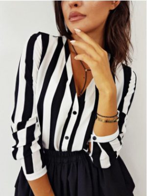 Casual Office Sexy V-neck Striped Long-Sleeved Top