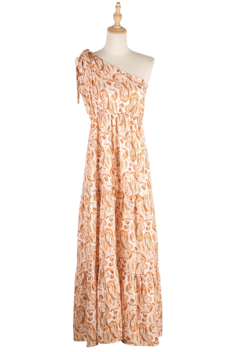 Sloping Shoulder Backless Sexy Bow High Waist Print Swing Women Dress Spring Tie Strap - Image 6