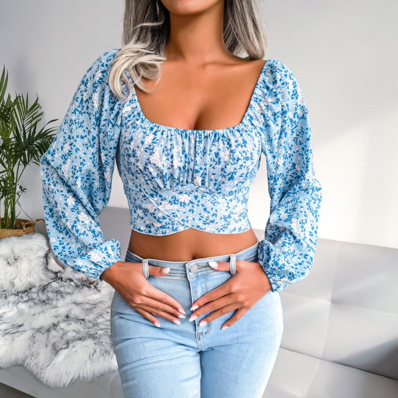 Lantern Sleeve Bow Floral Chiffon Shirt Vacation Cropped Top Women Clothing - Image 6