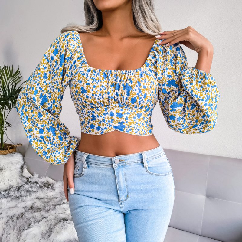 Lantern Sleeve Bow Floral Chiffon Shirt Vacation Cropped Top Women Clothing - Image 4