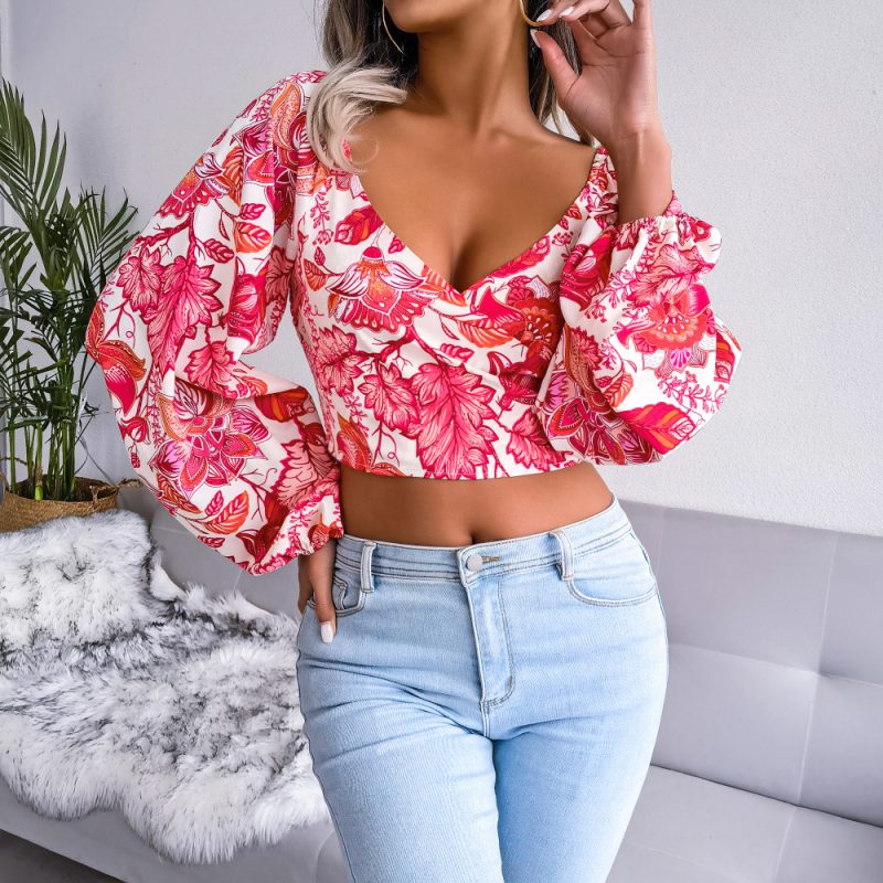 V-neck Lantern Sleeves Long Sleeve Floral Chiffon Shirt Vacation Cropped Top Women Clothing - Image 2